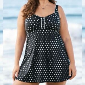 Swimsuits for All plus size 32 dress with bottoms attached black white dots NWT